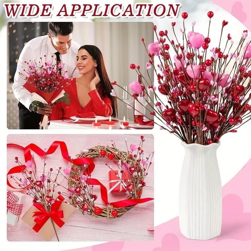1-10PCS Valentines Artificial Flowers Red Realistic Heart Shape Berry Bead Stems DIY Decor Tabletop Party Home Decoration