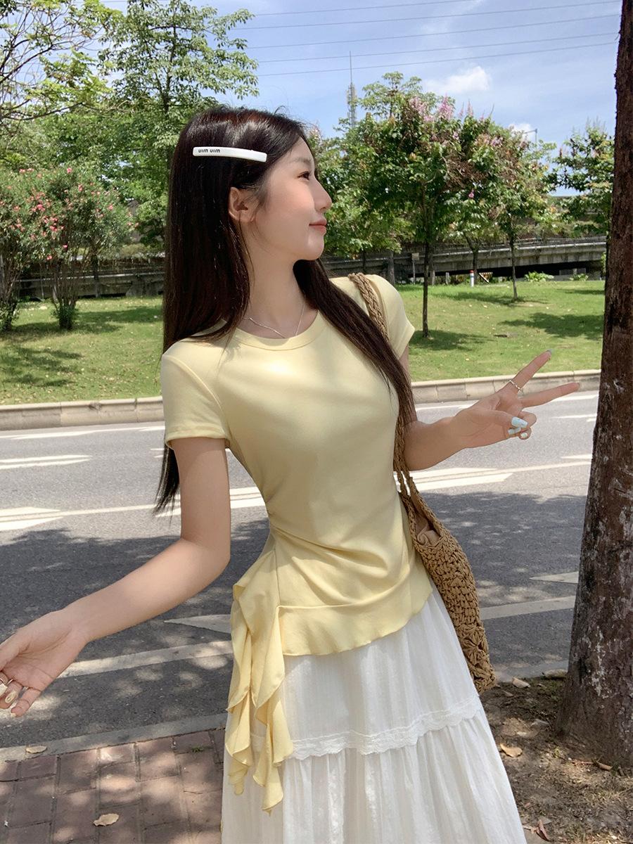 

Milk yellow round neck front shoulder short-sleeved t-shirt women s summer new irregular hem ruffle edge slim-fit top S
