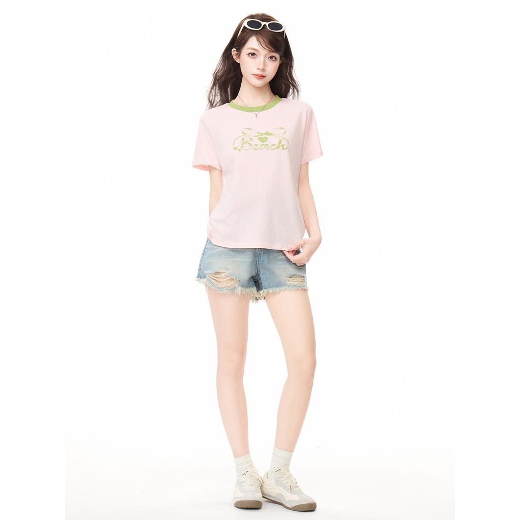 Pure Desire Pink Bow Letter Print Short-sleeved T-shirt Women's Summer Loose and Thin Spice Girl Temperament Top