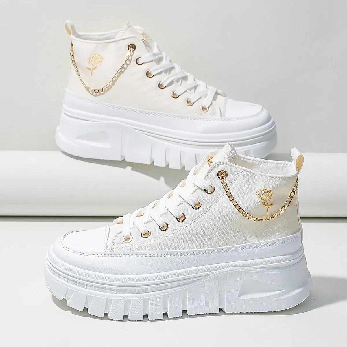 

Женские высокие парусиновые туфли на шнуровке спереди на плоской подошве, модные повседневные удобные кроссовки, увеличивающие рост, женская обувь RoseChain 35