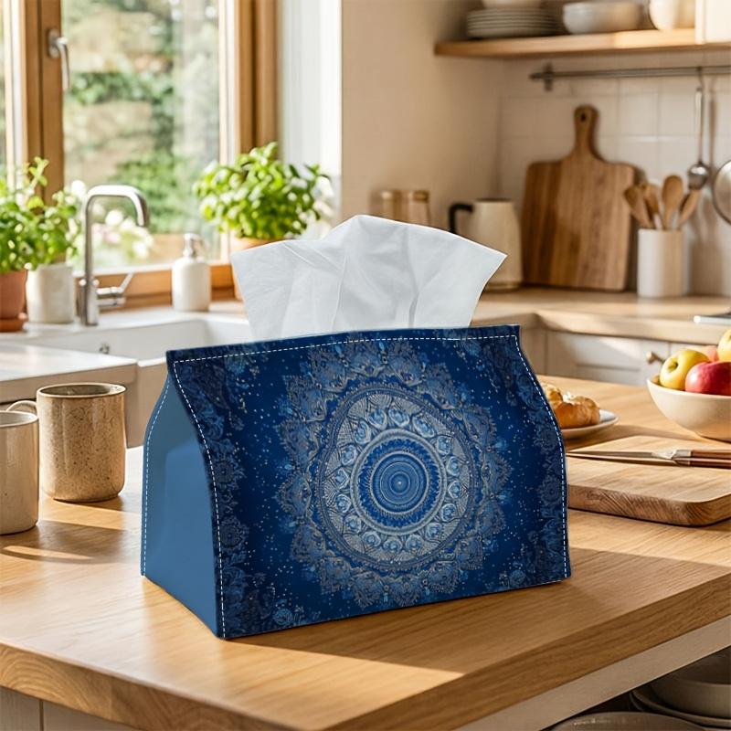1pc Mystical Mandala Blue Tissue Holder - Radial Geometric Starry Night Design, Sturdy Napkin Organizer for Vehicle, Kitchen, Dining, And Home Decorat