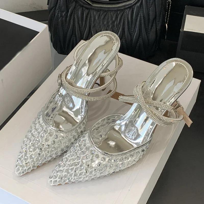 Fashion Elegant Bling Rhinestone Mesh Design Pumps Women Fashion Pointed Toe Ankle Strap Buckle Thin Heel Sandal Luxury Dress Brand Shoe