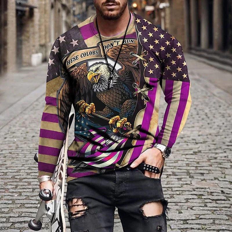 

Spring and Autumn Round Neck 3D American Flag & Eagle Printed Top Fashionable Casual Long Sleeved Men s T-shirts S