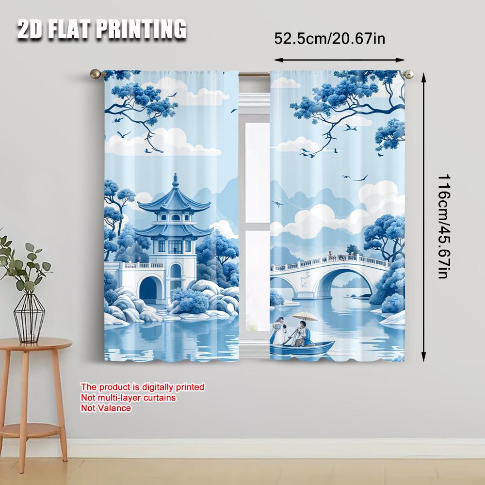 2pcs   2D Flat Printing Curtain Boat and Trees 100% Polyester  Without Electricity Party Decorations Applies To Bedroom Living