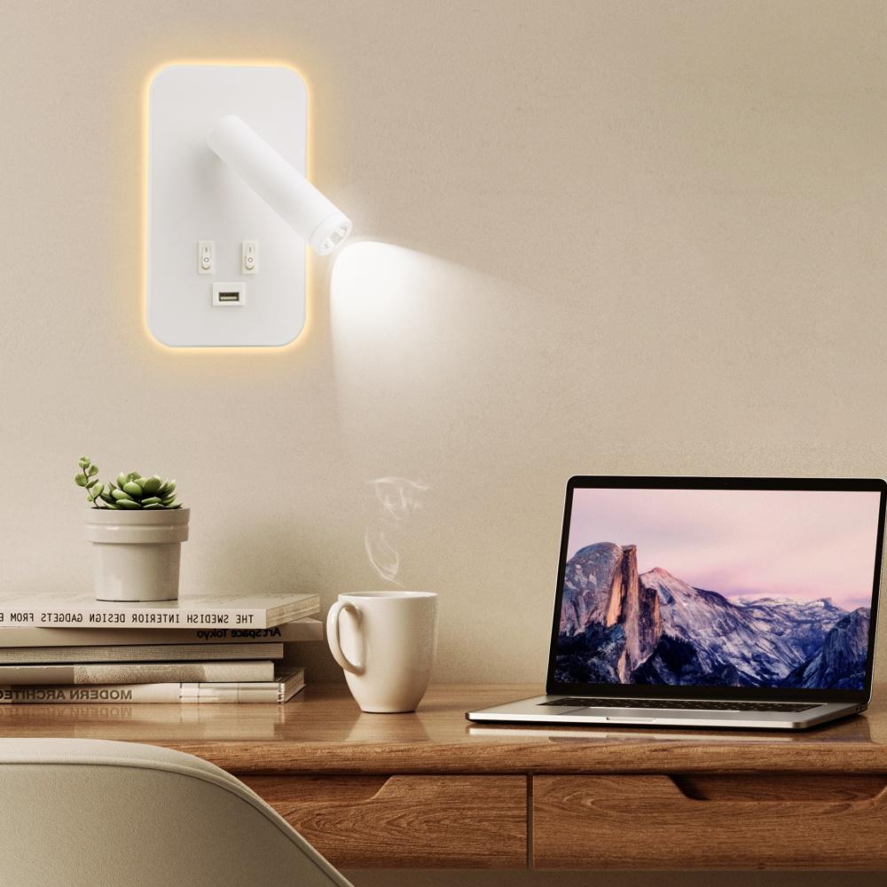 Bedside Wall Lamp with USB Switch Charging Port LED Rotation Reading Light Wall Mounted Spotlight Bedroom Bedside Corridor Decor