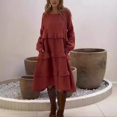Rochie Midi cu Mâneci Lungi pentru Femei, Rochie Largă cu Volane în Straturi, Casual, cu Gât Rotund, de Primăvară