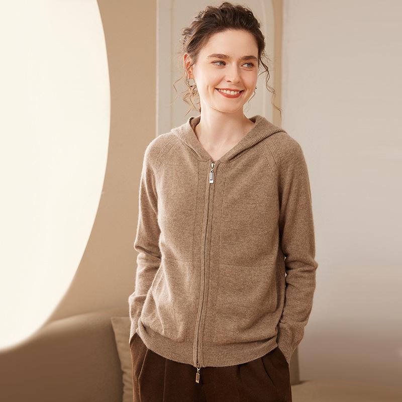 2024 Autumn/Winter Women's Loose Fit Hooded Cashmere Zipper Cardigan - Korean Thick Style Sweater