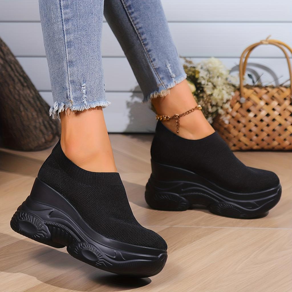 High-heeled Sports Casual Shoes in Glossy Black and White, Women Shoes, Sneakers