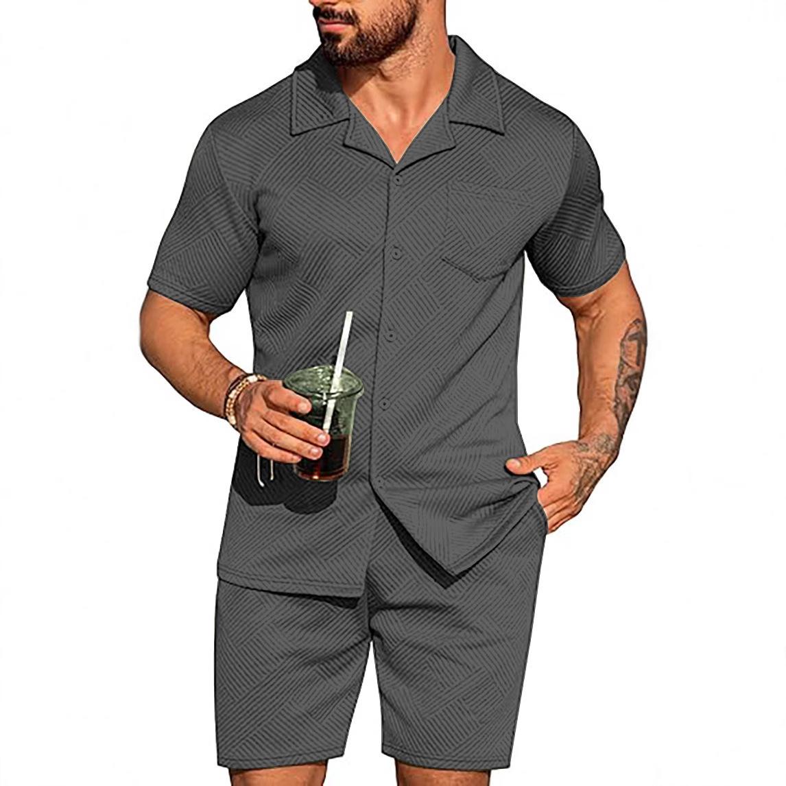 

Summer Casual Textured Beach with Pockets, Short Sleeved Men’s Shirt & Shorts Combos Set S чорний