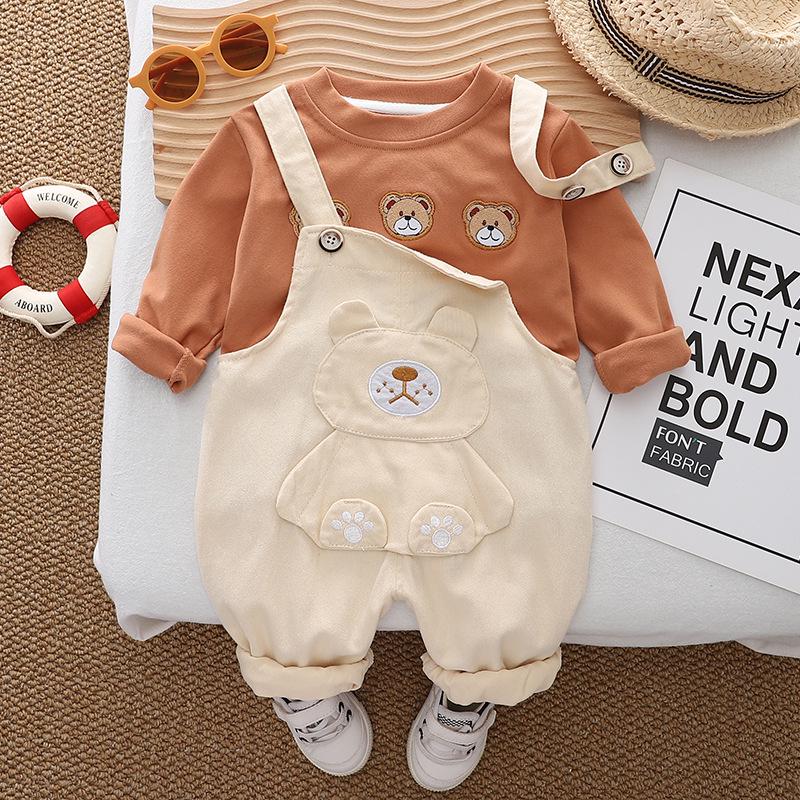 Boys' Bear Sweatshirt & Overalls Set - Spring/Autumn 2025 Casual Two-Piece for Infants