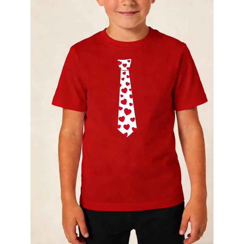 European sizes Boys' Short-Sleeve T-Shirt with Bow Tie Design, White Base with Randomly Placed Large And Small Red Heart Patterns