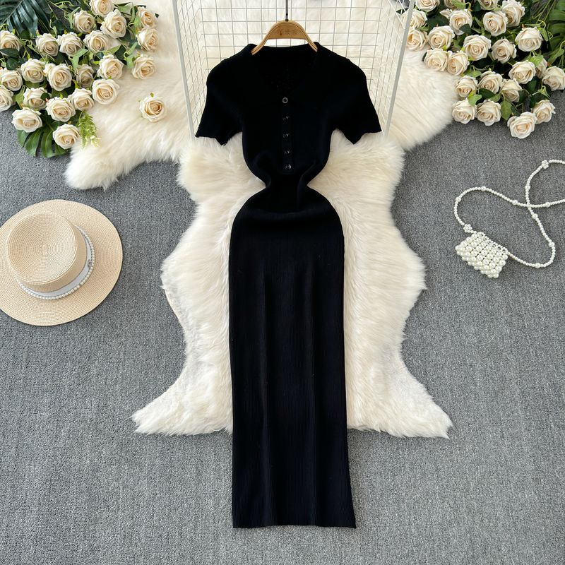 2024 Summer Korean New Elegance Retro Elegant Short Sleeve Polo Collar Waist-Tight Slimming Knitted Hip-Wrapped Dress