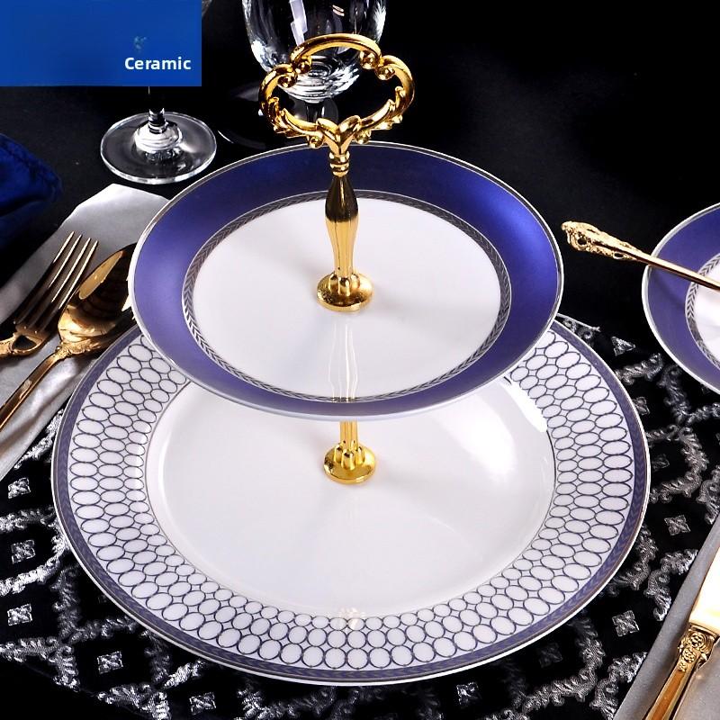 European Style Ceramic Double Layered Tray Fruit And Candy Plate Afternoon Tea Cake Stand Three Tier Dessert Holder Serving Tray