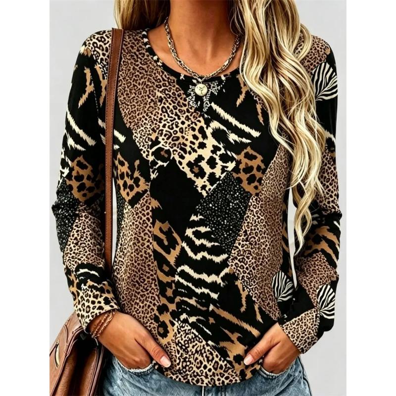 3D Casual Color Printing Casual Long SleeveFashion Women's Crew Neck Long Sleeve Crew Neck T-Shirt