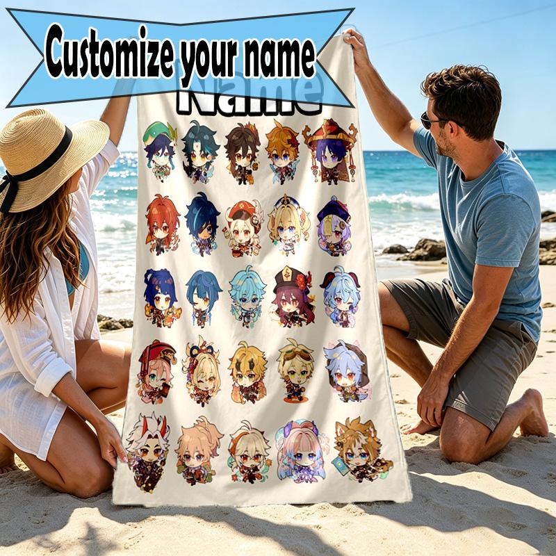 Custom Name Personalized Genshin Impact Print Beach Towel, for Trip Camping Beach Party Home Decor, Birthday Gift for Family & Friends