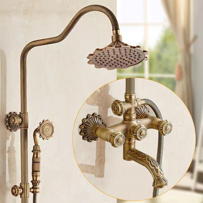 European Retro Carved Copper Shower Set with Hot/Cold Faucet & Hand Spray