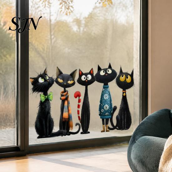 Easy Peel Glass Decals Halloween Cartoon Black Cat Static Sticker, PVC Window Decorative Removable Murals Decal, Waterproof Clings for Living Room