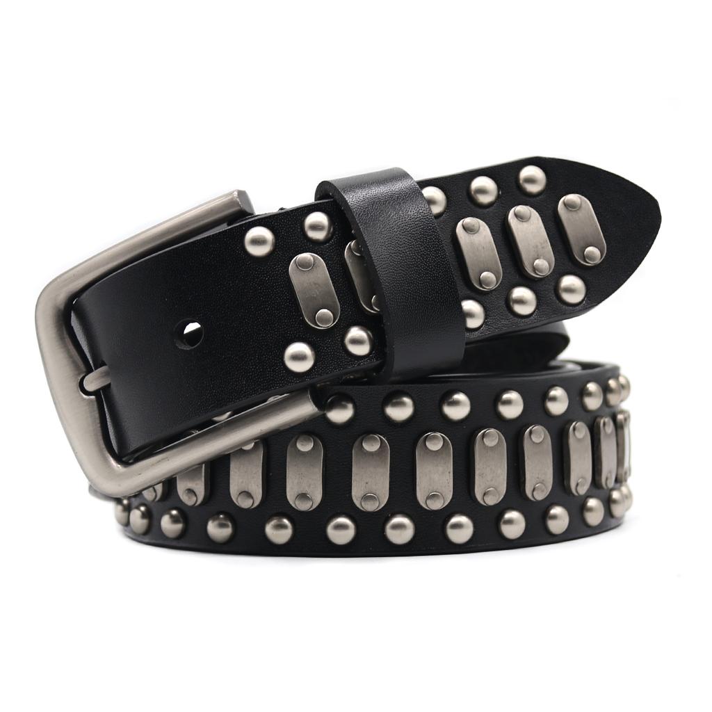 Nya Cowboymotorcykeljeans Tungmetallnitbälten för Män Äkta Läderbälte Punkrock Manlig Rem Ceinture Homme