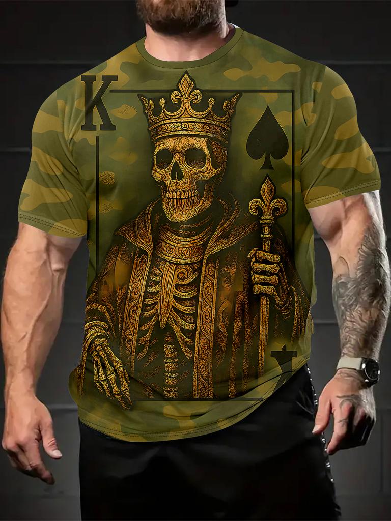 King of Spades Skull Design Men'S Round Neck Casual 3D T-Shirt – Summer Breathable Outdoor Sport Top, Comfortable Home Wear, Perfect for Running, Gym,