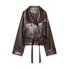 Womens Short Faux Leather Trench Coat Double Breasted Lapel Long Sleeve Casual Outerwear