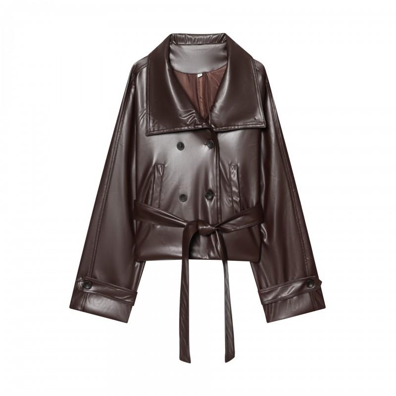 Womens Short Faux Leather Trench Coat Double Breasted Lapel Long Sleeve Casual Outerwear