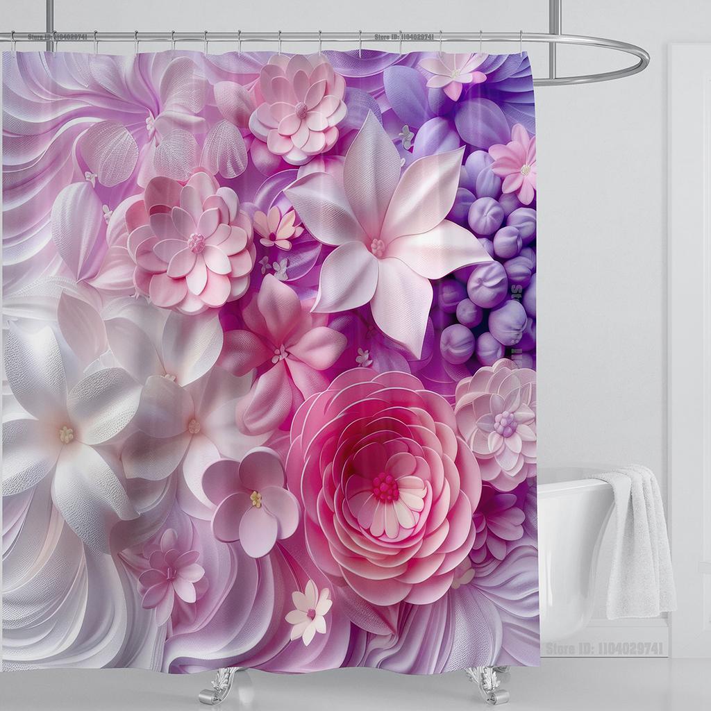 3D Red Floral Shower Curtain Set Pink Flower Design Fabric Bathroom Decor Waterproof Washable Shower Curtain Set with Hooks