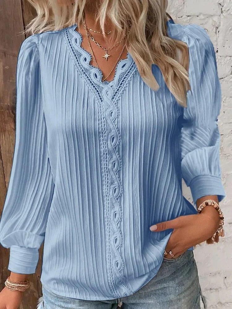 Fashion Lace Patchwork Blouse Elegant Womens White Shirt Long Sleeved V Neck Loose Fitting Office Casual Tops