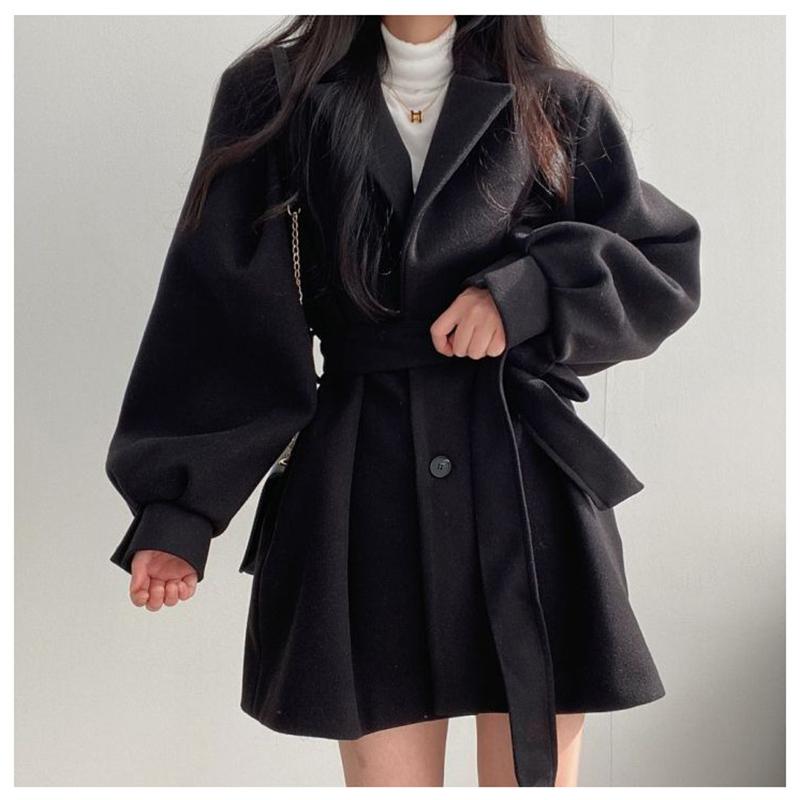 Overcoat New Style Solid Color Loose Cape Coat Collect Waist Woolen Medium Long Coat Women Winter Tops For Woman