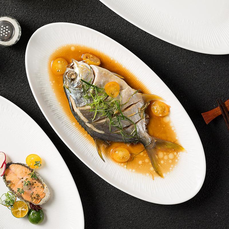 Pure White Household Steamed Fish Plate, Ceramic Oval Seafood Plate, Large Fish Plate, Premium Dish Plate, Hotel Tableware