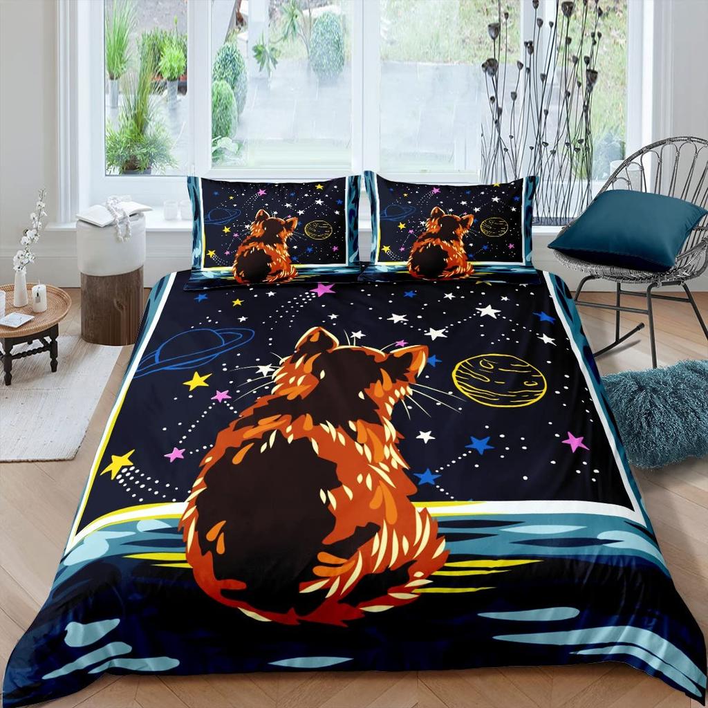 Galaxy Cat Duvet Cover Set Microfiber Universe Galaxy Bedding Set Cute Kitten Comforter Cover Outer Space Planets Quilt Cover