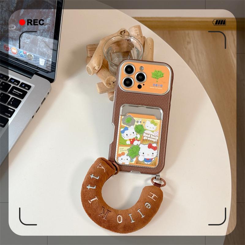 Yuzu Leaf Cat Card Holder: Brown Base for iPhone 17/16 Pro Max/15/14