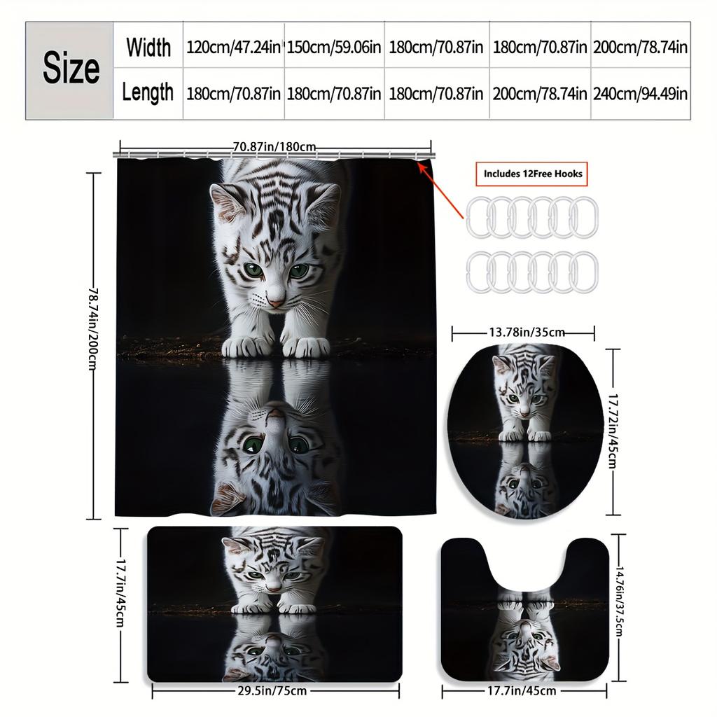 4Pcs Majestic Tiger Shower Curtain Set with Non-Slip Bath Mat, Toilet Lid Cover, Contour Rug & 12 Hooks, Bathroom Decor