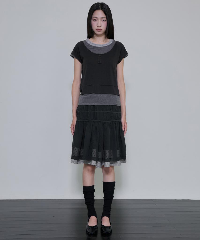Peulleeoeob Layered Crinkle Check Skirt (Fl-269_Black)
