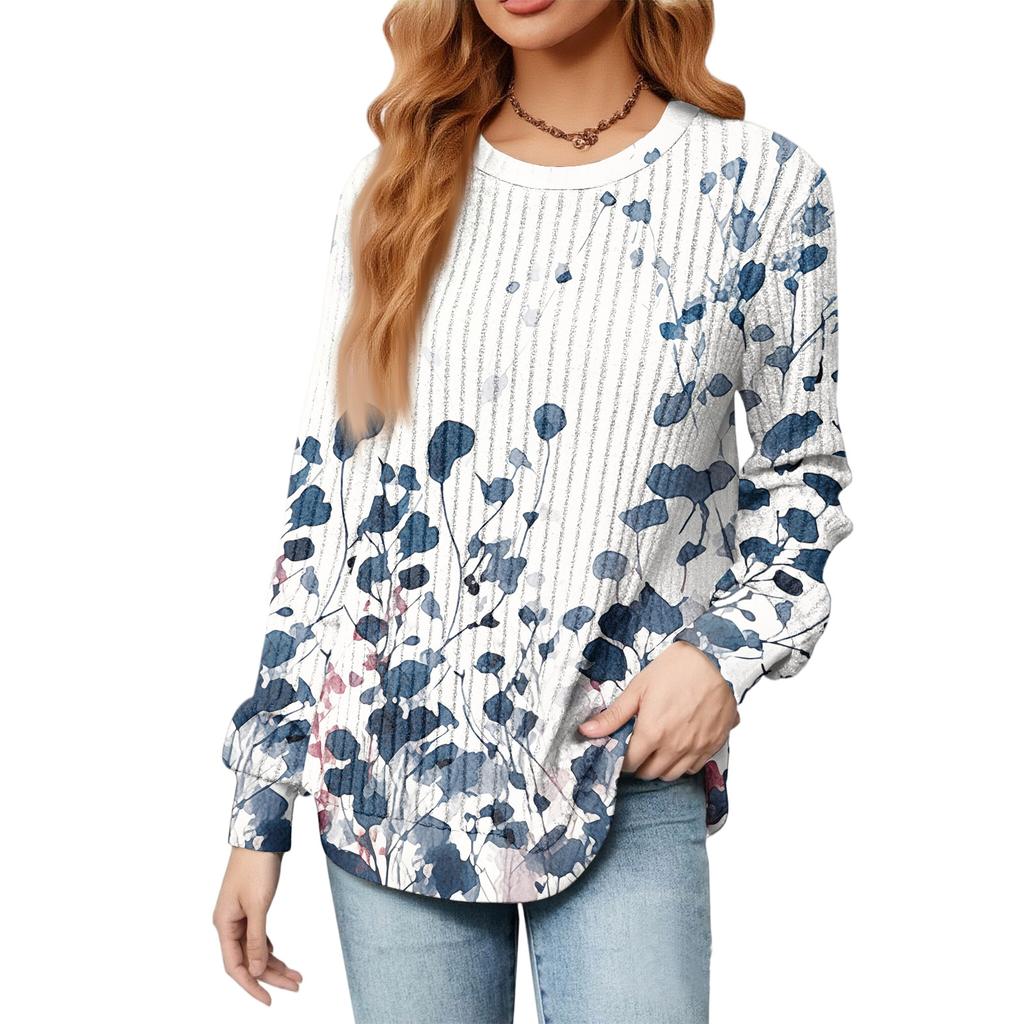 Fashionable Women's Long Sleeved Floral Printed Lightweight Sweater With Loose Round Neck Top