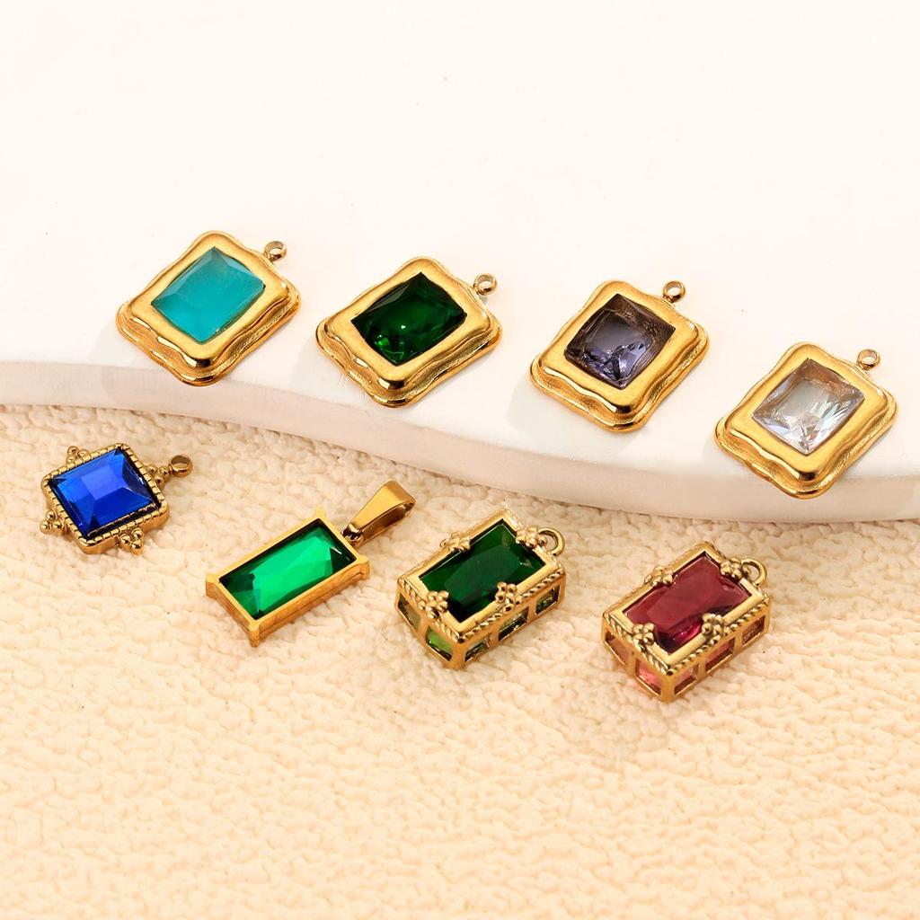 Colorfast Stainless Steel Emerald-Style Gemstone Rectangle Pendant Necklace