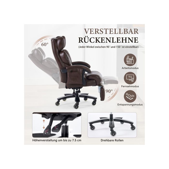 Chaise de bureau ergonomique, chaise de direction avec fonctions massage et chauffage, dossier réglable (marron)