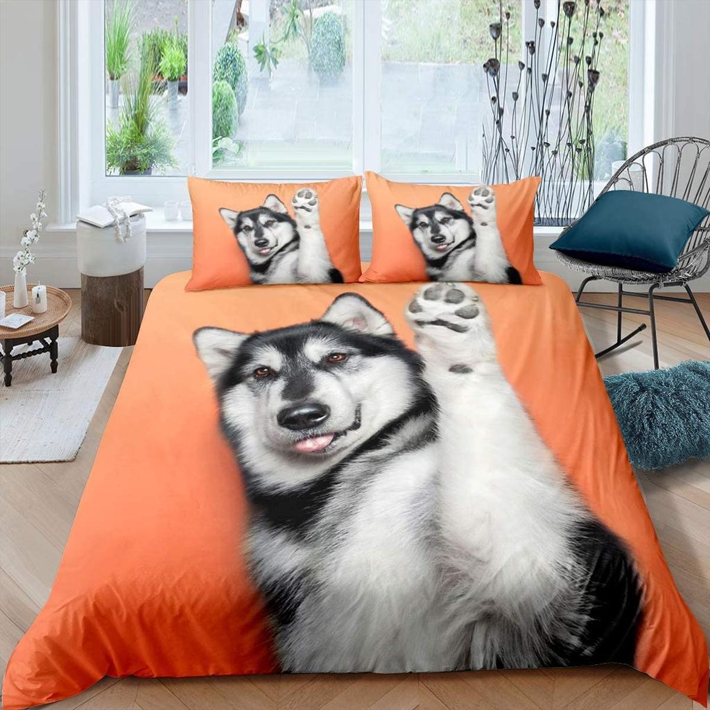 Husky Duvet Cover Puppy Pet Flower Floral Jungle Natural Scenery Cute Animal Bedding Set Polyester Double Queen King Quilt Cover