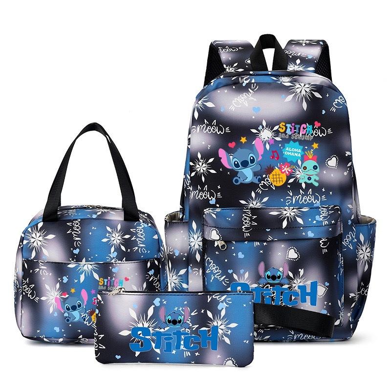 Stitch 3-teiliges Rucksack-Set für Jungen und Mädchen, Rucksack mit Campus-Cartoon-Print, Große Kapazität für Outdoor-Reisen