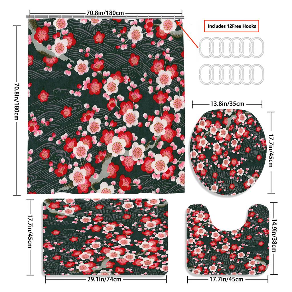 4pcs Plum Blossom Shower Curtain Set, Washable Polyester Bathroom Decor, Non-Slip Bath Mat, Toilet Lid Cover & U-Shaped Rug
