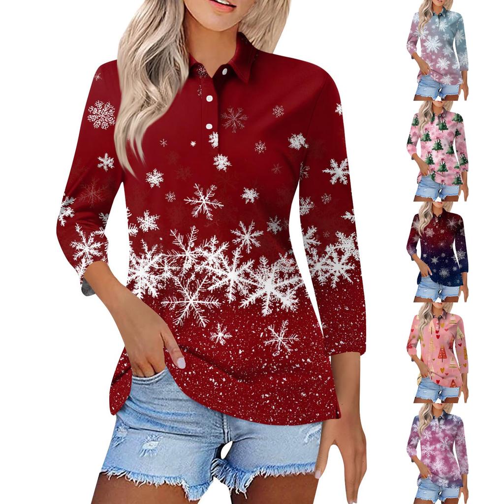 Mote dame casual revers kort 3/4 ermet juleprint skjorte dame knapp opp topper