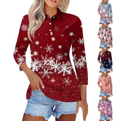 Women's Fashion Casual Lapel Short 3/4 Sleeve Christmas Print Shirt Women's Button Up Tops