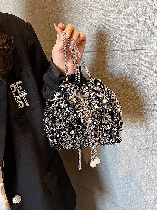 Chic Sequin Korean-Style Bucket Bag: Trendy Pleated Single Shoulder & Crossbody Evening Bag for Women 2026