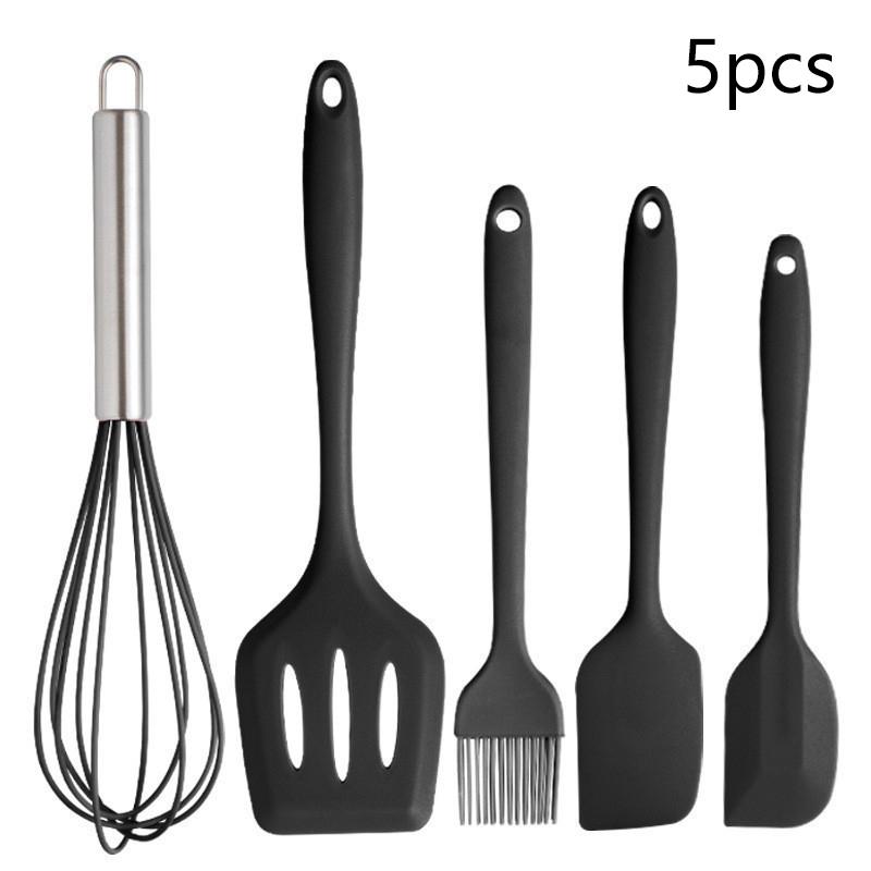 

Набор из 5 силиконовых кухонных принадлежностей для приготовления пищи, антипригарные гибкие кухонные инструменты с лопаткой для торта, венчиком, кистью для масла и кулинарной лопаткой чёрный
