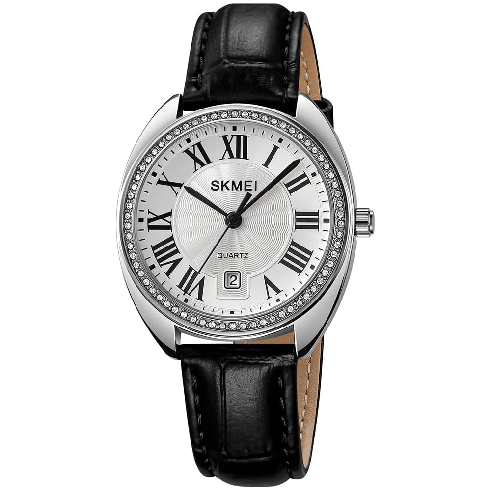 Elegant Women s Analog Watch Black Silver Leather Strap Lightweight Waterproof Casual Business