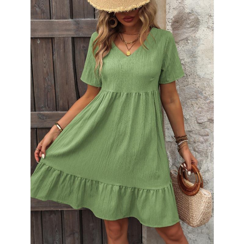 Women's Dress Summer Short Sleeve V Neck Loose Casual A Line Beach Vacation Dress Women Fashion Elegant Pleated Solid Color Ladies Bohemian Dresses