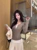 Damen Koreanischer Stil Color Block Henley-Kragen Taillenbetont Zweiteilig Langarm T-Shirt für Herbst/Winter Schlankmachendes Basisshirt