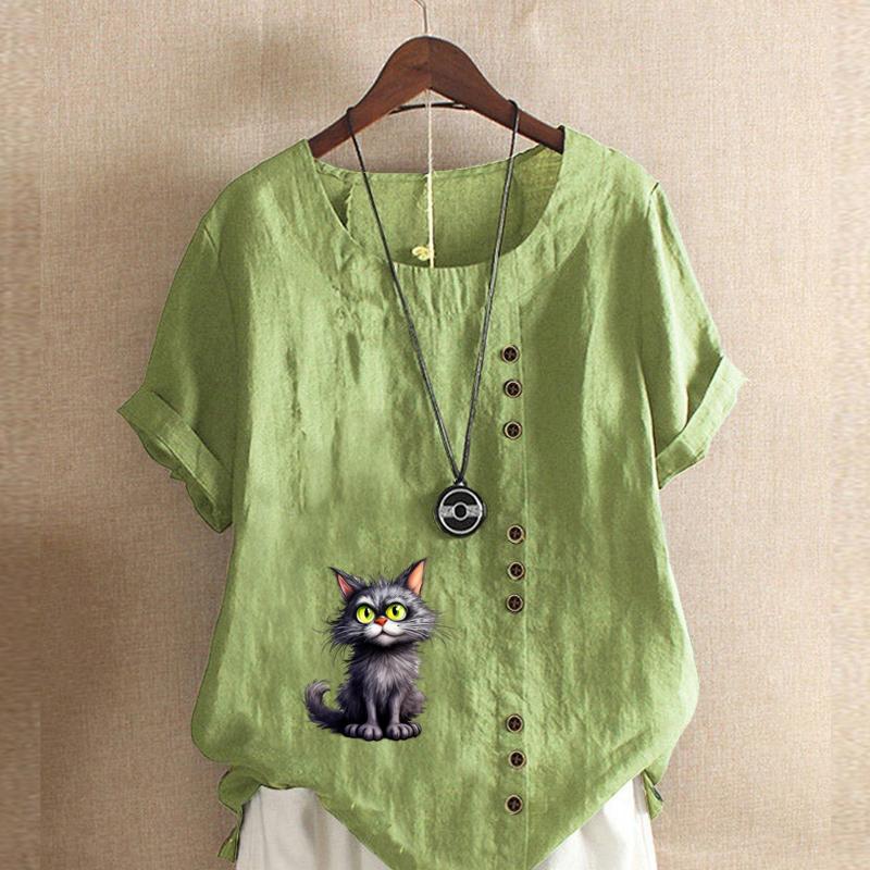 Women's Fashion Cat Prined Short Sleeve T-shirt Loose Cotton Shirt Casual Loose Summer Blouse Tops Plus Size