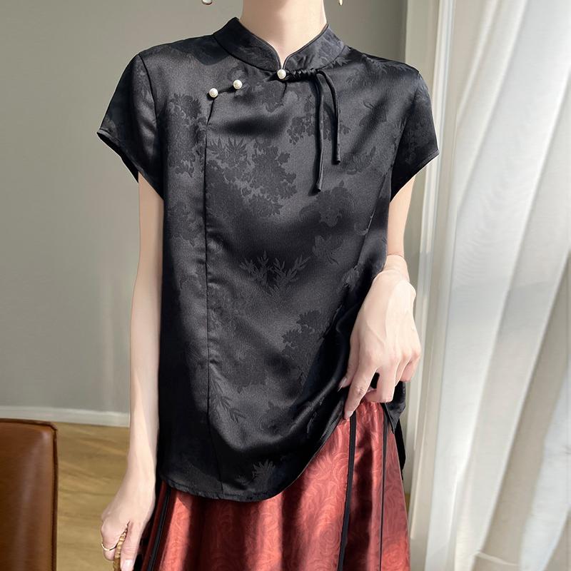 

Жіноча нова літня футболка з коротким рукавом із змішаного шовку шовковиці, 50% шовк, 50% поліестер, повітропроникний тонкий топ, повсякденний XXL чорний