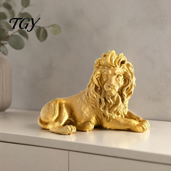 Modern Desktop Ornament Golden Lying Lion Resin Figurine, 3D Printed Recumbent Statue, Sculpture for Office Desk Bookshelf Wine Cabinet Tabletop
