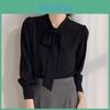Blue Bowknot Shirt With Satin Fabric And Tie Detail For Office Women